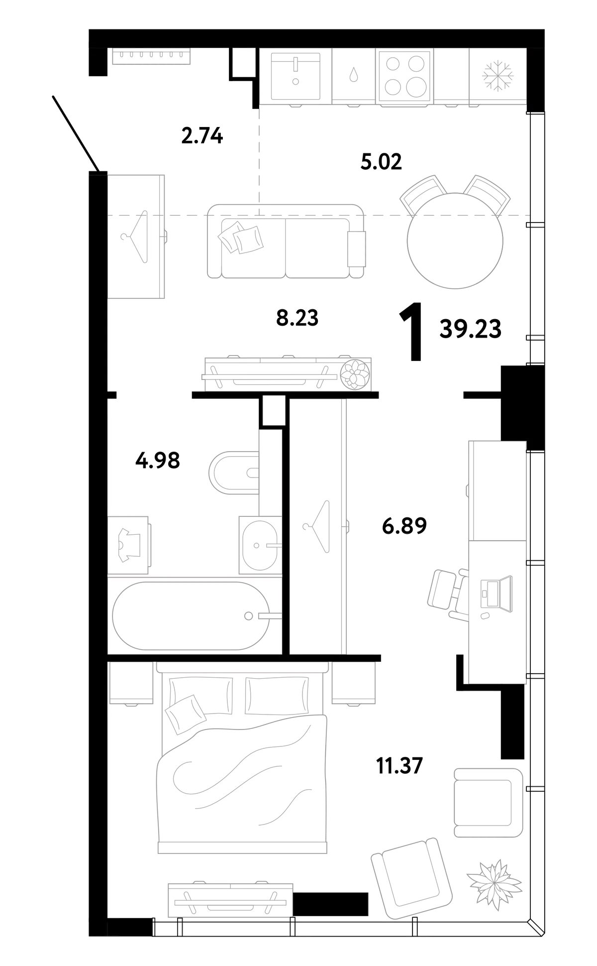 Планировка однокомнатной квартиры 39,23 м² в ЖК Ридж: кухня-гостиная, отдельная спальня, санузел с ванной