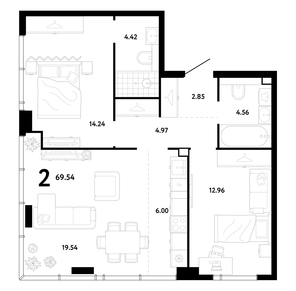 Планировка двухкомнатной квартиры 69,54 м² в ЖК Ридж: две спальни, два санузла, отдельная кухня и гостиная