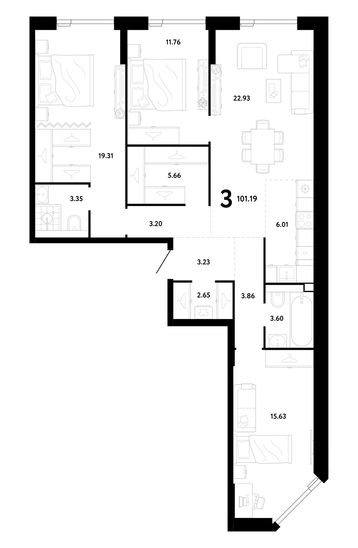Планировка трёхкомнатной квартиры 101,19 м² в ЖК Ридж: три спальни, два санузла, гостиная-столовая и отдельная кухня